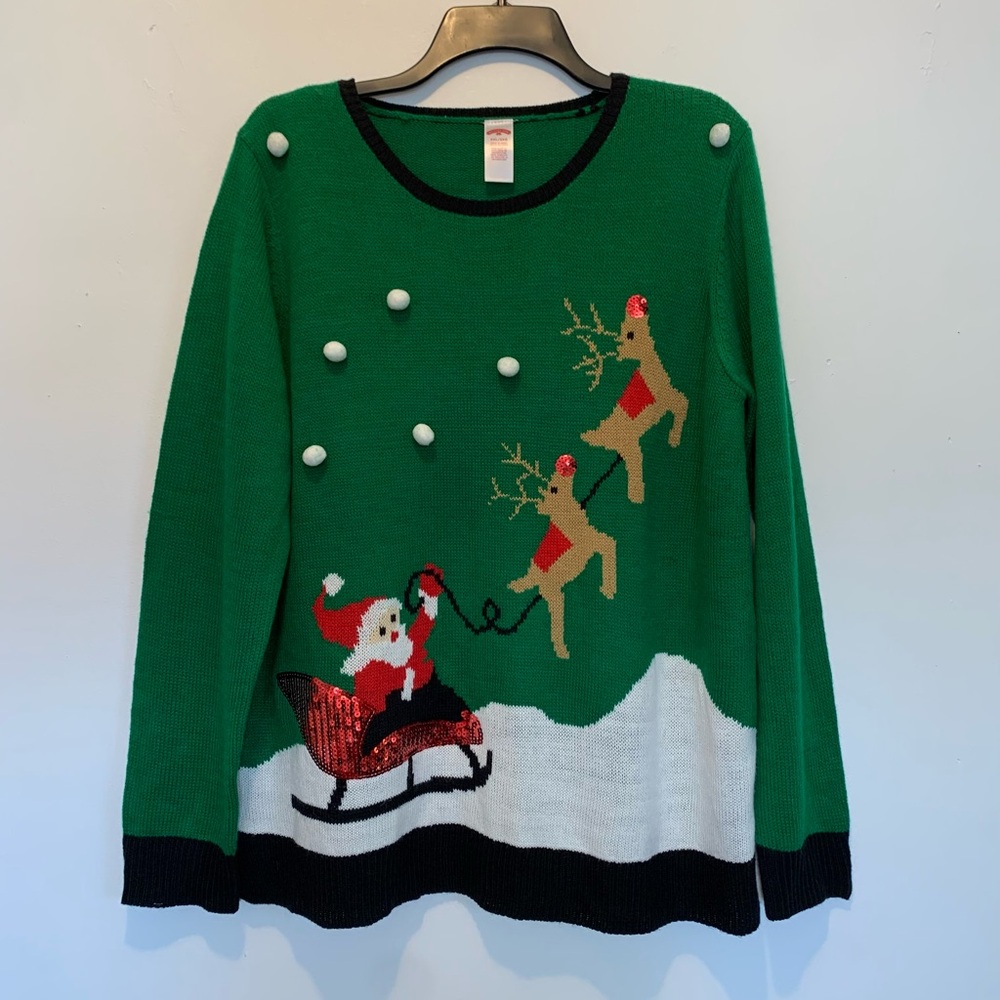 Christmas Sweater Women’s XXL Sequin Santa & Reindeer